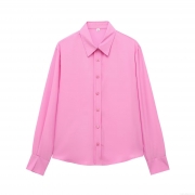 Women's Long Sleeve Satin Shirt Elegant Button Down Lapel Collar Blouse Solid Color Loose Casual Top for Office Daily Female Fashion