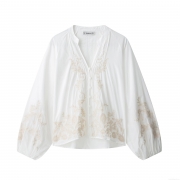 Women Elegant V Neck Embroidered Floral Shirt Button Down Long Lantern Sleeve Pleated Blouse Casual White Top For Spring Autumn Ladies