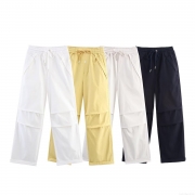 Women's High Waist Cargo Pants Washed Cotton Straight Wide Leg Casual Trousers With Drawstring Multi Pockets Loose Fit Fashion Streetwear
