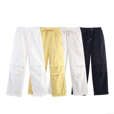 Women\'s High Waist Cargo Pants Washed Cotton Straight Wide Leg Casual Trousers With Drawstring Multi Pockets Loose Fit Fashion Streetwear