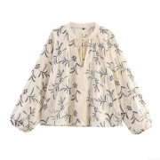 Women's Vintage Floral Embroidered Blouse 85% Cotton Blend Lantern Sleeve Shirt Bohemian Casual Round Neck Long Sleeve Top For Daily Fashion