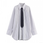 Women's Vertical Striped Poplin Shirt With Black Tie Long Sleeve Button Down Blouse Preppy Style Office Business Casual Fashion Tops For Ladies
