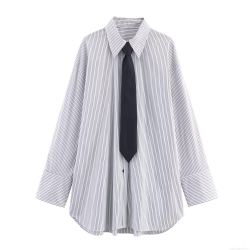 Women's Vertical Striped Poplin Shirt With Black Tie Long Sleeve Button Down Blouse Preppy Style Office Business Casual Fashion Tops For Ladies