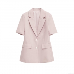 Women's Short Sleeve Blazer Jacket Casual Slim Fit 100% Polyester Solid Color Lapel Collar Single Breasted Office Outwear Pink