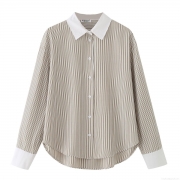 Women's 100% Cotton Striped Long Sleeve Shirt Casual Color Block Lapel Loose Button Down Blouse For Office Daily Wear Fashion Top