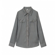 Women's Striped Long Sleeve Button Up Shirt Polyester Cotton Blend Poplin Blouse With Double Pockets Casual Lapel Fashion Tops For Daily Office Streetwear