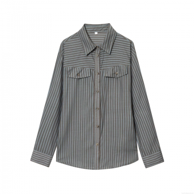 Women's Striped Long Sleeve Button Up Shirt Polyester Cotton Blend Poplin Blouse With Double Pockets Casual Lapel Fashion Tops For Daily Office Streetwear