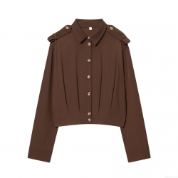 Women's Casual Polyester Long Sleeve Shirt Fashion Solid Color Turn-down Collar Blouse With Shoulder Straps Elastic Hem Single Breasted Top For Daily Work