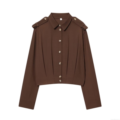 Women's Casual Polyester Long Sleeve Shirt Fashion Solid Color Turn-down Collar Blouse With Shoulder Straps Elastic Hem Single Breasted Top For Daily Work