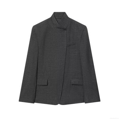 Women's Fashion Dark Grey Suit Jacket Polyester Blend Stand Collar Asymmetric One Button Blazer For Office Daily Casual Ladies Outerwear