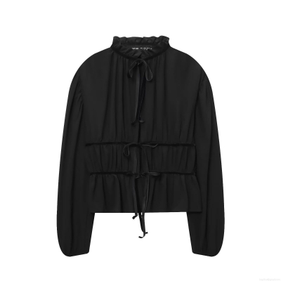 Elegant Women's Black Chiffon Blouse Ruffle Stand Collar Bow Tie Smocked Waist Long Lantern Sleeve Shirt Sweet Solid Color Top For Date Party