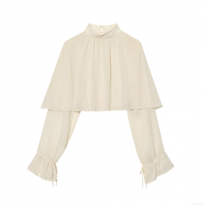 Women Elegant Mock Neck Chiffon Blouse Double Layered Cape Design Top Long Lantern Sleeve Pleated Ruffle Cuffs Solid Color Casual Party Shirt For Lady