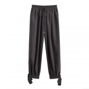 Women's Casual High Waist Lantern Pants 100% Polyester Loose Fit Bow Tie Ankle Cuffed Trousers With Drawstring Streetwear Lady