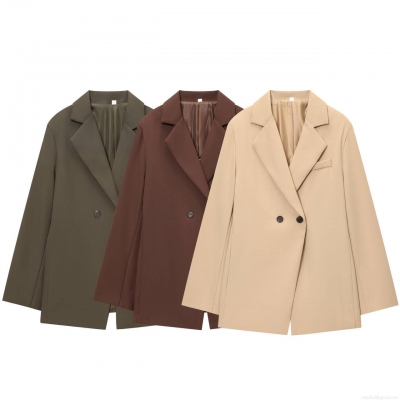 Women's Double Breasted Blazer Jacket Notched Lapel Loose Fit Acrylic Woven Outerwear Solid Color Long Sleeve Office Commuter Suit Coat For Women