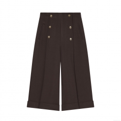 Women High Waisted Wide Leg Capri Pants Double Breasted Gold Button Cuffed Hem Casual Trousers For Office Daily Wear Elegant Thickened Polyester Straight Pants