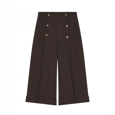 Women High Waisted Wide Leg Capri Pants Double Breasted Gold Button Cuffed Hem Casual Trousers For Office Daily Wear Elegant Thickened Polyester Straight Pants
