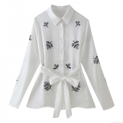 Elegant White Beaded Leaf Pattern Blouse Women's Long Sleeve Lapel Waist Tie Shirt Office Commute Polyester Tops For Lady