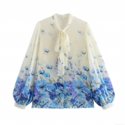 Women Elegant Floral Print Chiffon Blouse Pussy Bow Tie Neck Lantern Sleeve Loose Casual Long Sleeve Shirt Top For Daily Dating Women Clothing