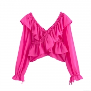 Women Sweet Ruffle V Neck Off Shoulder Chiffon Blouse Elegant Rose Red Long Sleeve Tie Cuff Short Shirt Top Female Summer Fashion Clothing