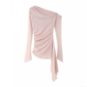 Women's Asymmetric Mesh Chiffon Blouse Elegant One Shoulder Ruffle Long Sleeve Top Sweet Pleated Solid Color Party Shirt For Women