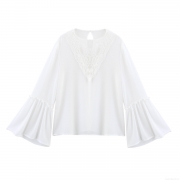 Elegant Women White Chiffon Blouse With Lace Patchwork Long Bell Sleeve Pullover Top For Office Dating Casual Ladies Fashion Shirt