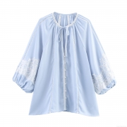 French Romantic Lace Stitching Women Blouse Light Blue Lantern Long Sleeve Tie Neck Top Bohemian Pastoral Style Casual Blouse for Women