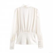 Women's Satin Silk Texture Bow Tie Backless Blouse Sexy Long Sleeve Pleated Blouse For Elegant Party Commute Office Lady Tops