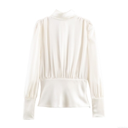 Women's Satin Silk Texture Bow Tie Backless Blouse Sexy Long Sleeve Pleated Blouse For Elegant Party Commute Office Lady Tops