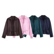 Women's Satin Texture Lace Up Blouse Shirt Long Sleeve Lapel V Neck Solid Color Elegant Office Casual Top With Metal Buckle Tips For Daily Dating