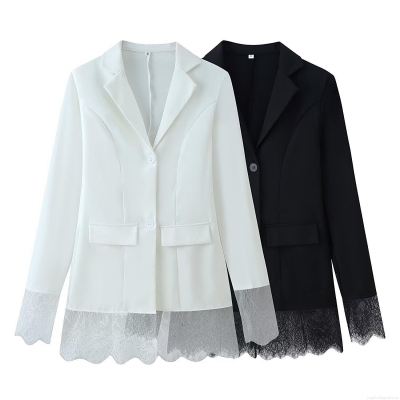 Women Elegant Slim Fit Lace Patchwork Hem Blazer Jacket Fashion Casual Solid Color Suit Collar Single Breasted Office Outwear Streetwear Spring Autumn