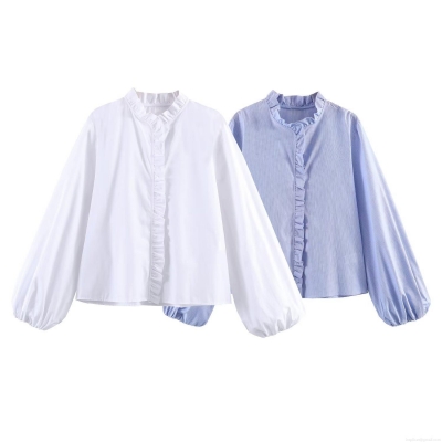 Women Elegant Layered Ruffle Poplin Shirt Fashion Long Sleeve Lantern Sleeve Striped Solid Color Slim Fit Office Lady Blouse Tops White Blue