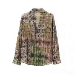 Women's Vintage Long Sleeve Button Down Shirt Polyester Metallic Thread Chiffon Abstract Print Loose Fit European Street Fashion Top