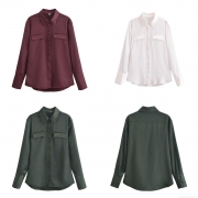 Women Elegant Solid Color Satin Long Sleeve Shirt Top With Double Pockets Button Down Lapel Blouse Polyester For Office Daily Streetwear Spring Fashion