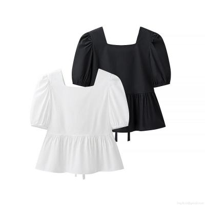 Women Fashion Square Neck Bubble Sleeve Blouse Sexy Backless Lace-up Shirt Ruffle Hem Short Sleeve Polyester Top For Women Streetwear Summer Clothing