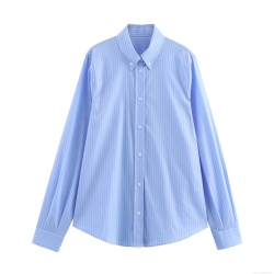 Women's Striped Long Sleeve Button Down Shirt 100 Percent Polyester Loose Fit Casual Lapel Blouse for Office Daily Wear Streetwear Style Breathable Comfortable Top for Ladies