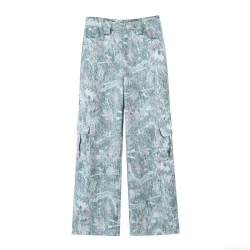 Women's Wide Leg Cargo Pants Low Waist Green Marble Printed Denim Trousers Loose Fit Multi-Pocket Casual Work Streetwear Long Pants
