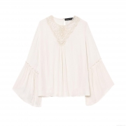 Women V Neck Lace Patchwork Blouse Flare Sleeve Pleated Pullover Shirt Elegant Solid Color Long Sleeve Top For Summer Spring Office Daily Casual