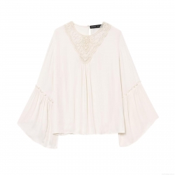 Women V Neck Lace Patchwork Blouse Flare Sleeve Pleated Pullover Shirt Elegant Solid Color Long Sleeve Top For Summer Spring Office Daily Casual
