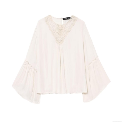 Women V Neck Lace Patchwork Blouse Flare Sleeve Pleated Pullover Shirt Elegant Solid Color Long Sleeve Top For Summer Spring Office Daily Casual