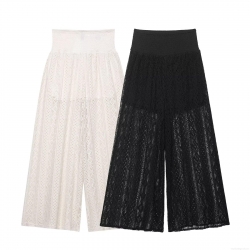 Women's Sexy Hollow Out Lace Wide Leg Pants High Waist Elastic Waist Sheer Crochet Long Trousers With Lining Casual Beach Vacation Streetwear