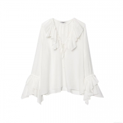 Women's French Vintage V Neck Ruffle Long Sleeve Blouse Top Solid Color Loose Fit Pullover Peach Skin Crepe Shirt for Summer Streetwear