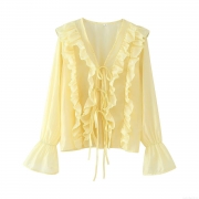 Women's V Neck Ruffle Trim Lace Up Blouse Flare Long Sleeve Solid Color Yellow Summer Lightweight Polyester Shirt Streetwear Casual Tops for Women