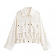 Women Casual Short Blouse Shirt Jacket Lapel Long Sleeve Drawstring Hem Button Down With Chest Pockets 100% Polyester Solid Color Street Style Outwear