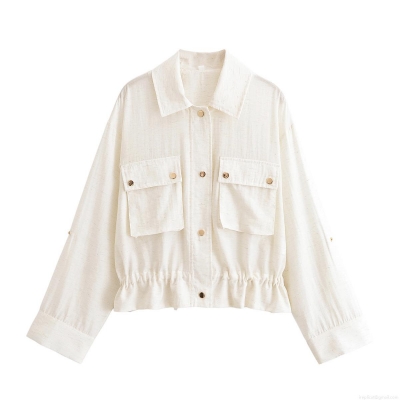 Women Casual Short Blouse Shirt Jacket Lapel Long Sleeve Drawstring Hem Button Down With Chest Pockets 100% Polyester Solid Color Street Style Outwear