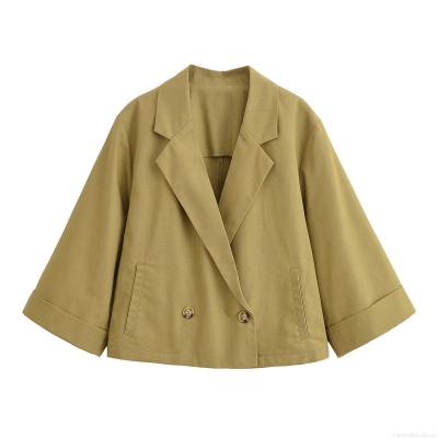 Women Short Blazer Jacket 100% Polyester Solid Color Double Breasted Lapel 3/4 Sleeve Loose Casual Suit For Autumn Streetwear Fashion