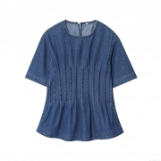 Women's Casual Western Style Denim Blouse Short Sleeve Round Neck Vertical Pleated Waist Cinching Polyester Denim Shirt Back Zipper Top For Daily Wear Streetwear