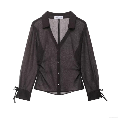 Women Sexy Black Sheer Mesh Blouse Long Sleeve Button Down Shirt With Bow Tie Cuffs Rhinestone Buttons Elegant Lapel Top For Party Daily Wear