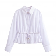 Women's Chic White Long Sleeve Lapel Shirt Streetwear Drawstring Waist Blouse With Contrast Stitching Gold Metal Buttons Minimalist Autumn Top