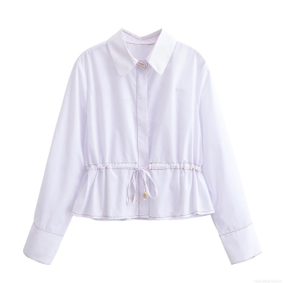Women's Chic White Long Sleeve Lapel Shirt Streetwear Drawstring Waist Blouse With Contrast Stitching Gold Metal Buttons Minimalist Autumn Top