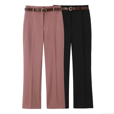 Women's Straight Leg Casual Pants With Belt High Waist Solid Color Polyester Suit Trousers For Office Work Streetwear Ladies Autumn Fashion